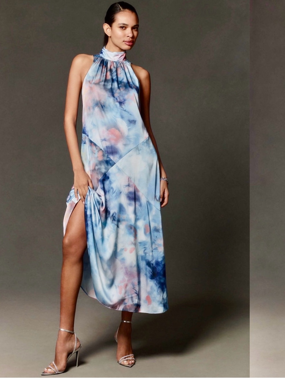 By Anthropologie Watercolor Asymmetrical Satin Halter Maxi Dress Flaw Blue S